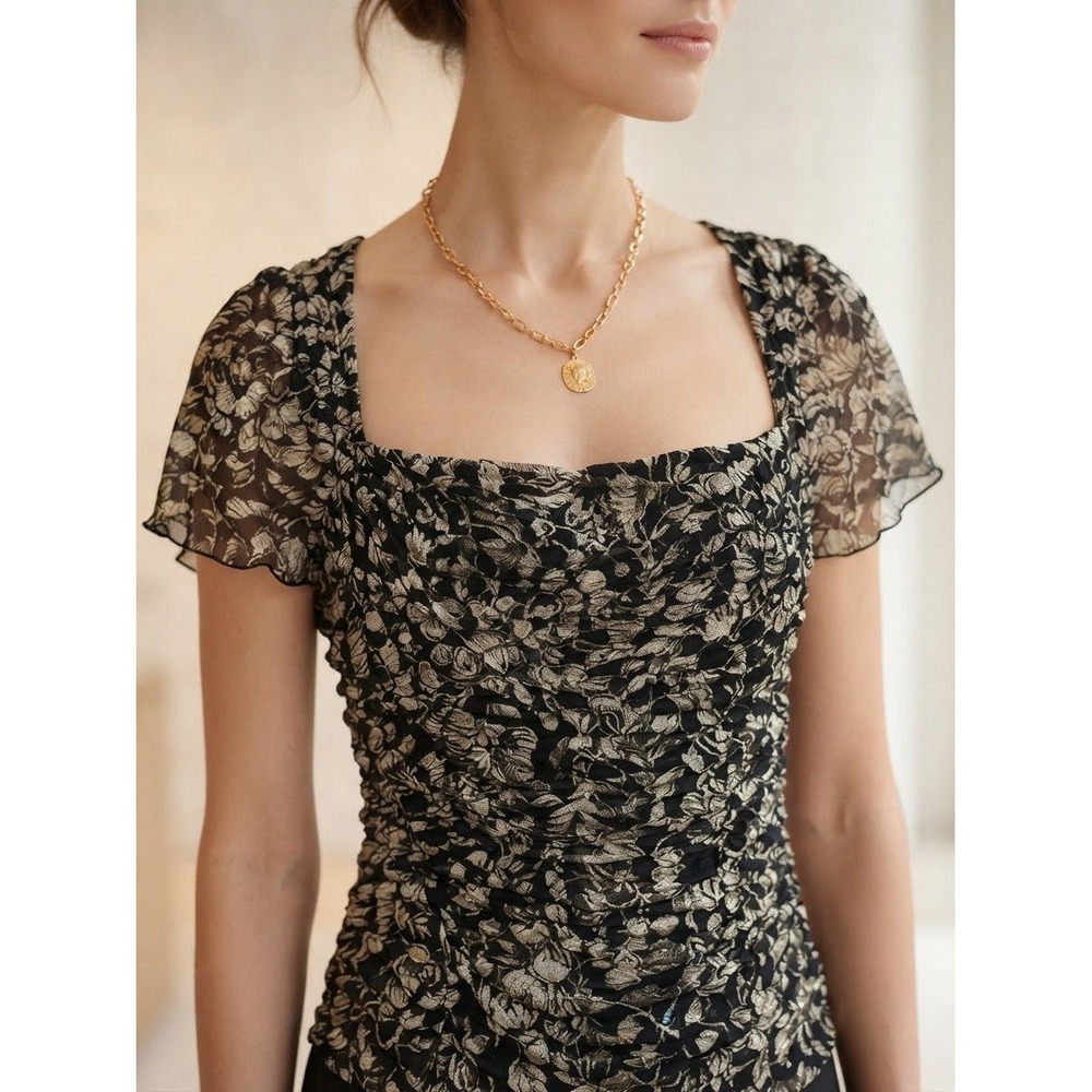 Diane von Furstenberg DVF Silk Mesh Ruched Floral Top Black Cream S